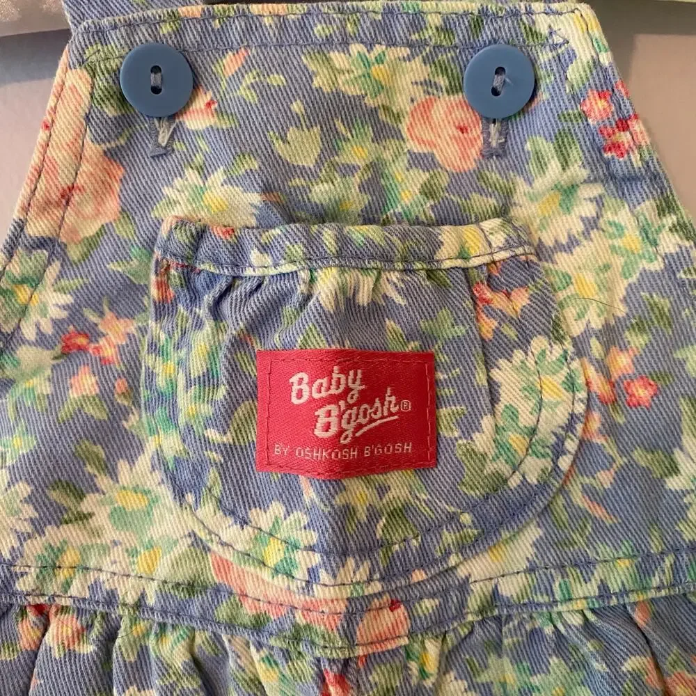 Oshkosh Baby B'gosh Vintage 90s Blue Pink Floral Overall Romper Girls' 3/6 Month